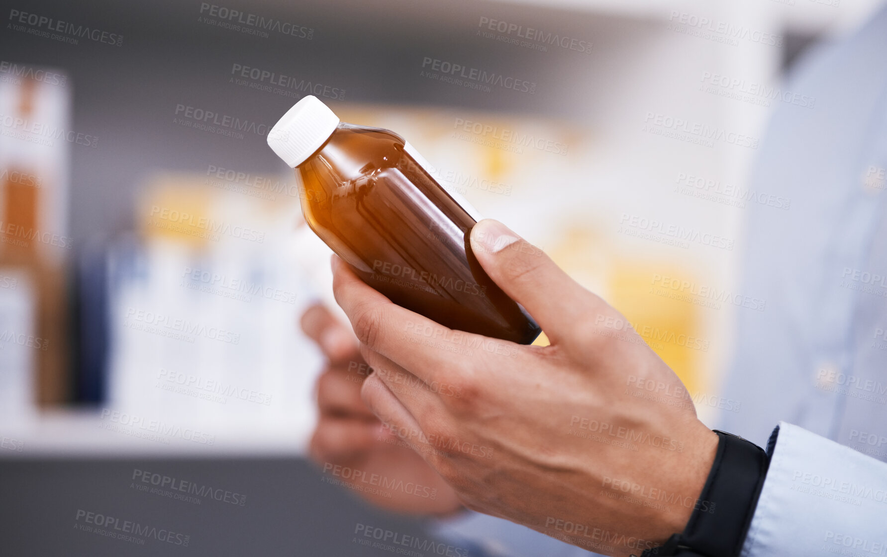 Buy stock photo Pharmacy, medicine and hands of man with bottle reading label for medication, prescription and information. Healthcare, clinic and closeup of person with medical product, supplements and antibiotics