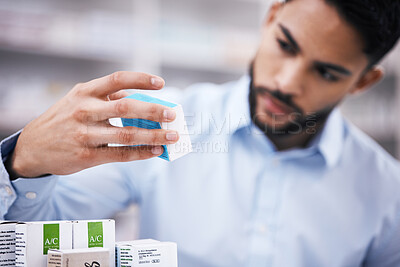 Buy stock photo Pharmacy stock, man and hand in drugs check of a customer in a healthcare and wellness store. Medical, retail inventory and pharmaceutical label information checking of a male person by a shop shelf