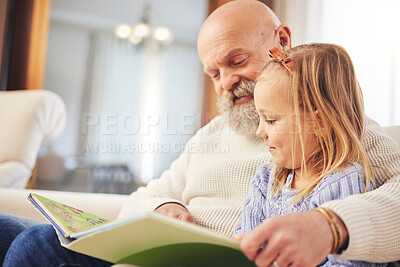 Buy stock photo Grandfather, child and family reading on a living room sofa with love and learning support. Happy, home and kid with an elderly man in a house with a story book and youth education on a couch