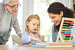 Education with grandmother, mom and girl in home with abacus for lesson, homework and learning. Child development, family and mom, grandma and kid with educational toys for school, play and teaching