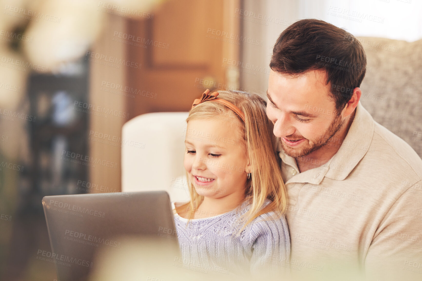 Buy stock photo Tablet, dad and child learning on a kids education app on a living room sofa at home. Parent love, digital support and care from father and young girl looking at a cartoon and educational video