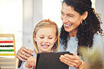 Education, tablet and mother and girl in home online for lesson, homework and learning. Child development, happy family and mom and kid on digital tech for educational games, remote school and study
