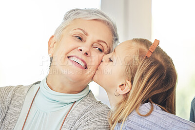 Buy stock photo Kiss, care and child kissing grandmother on the cheek as love, happiness and support for family in a home. Smile, bonding and kid showing affection for a senior woman or grandma as gratitude