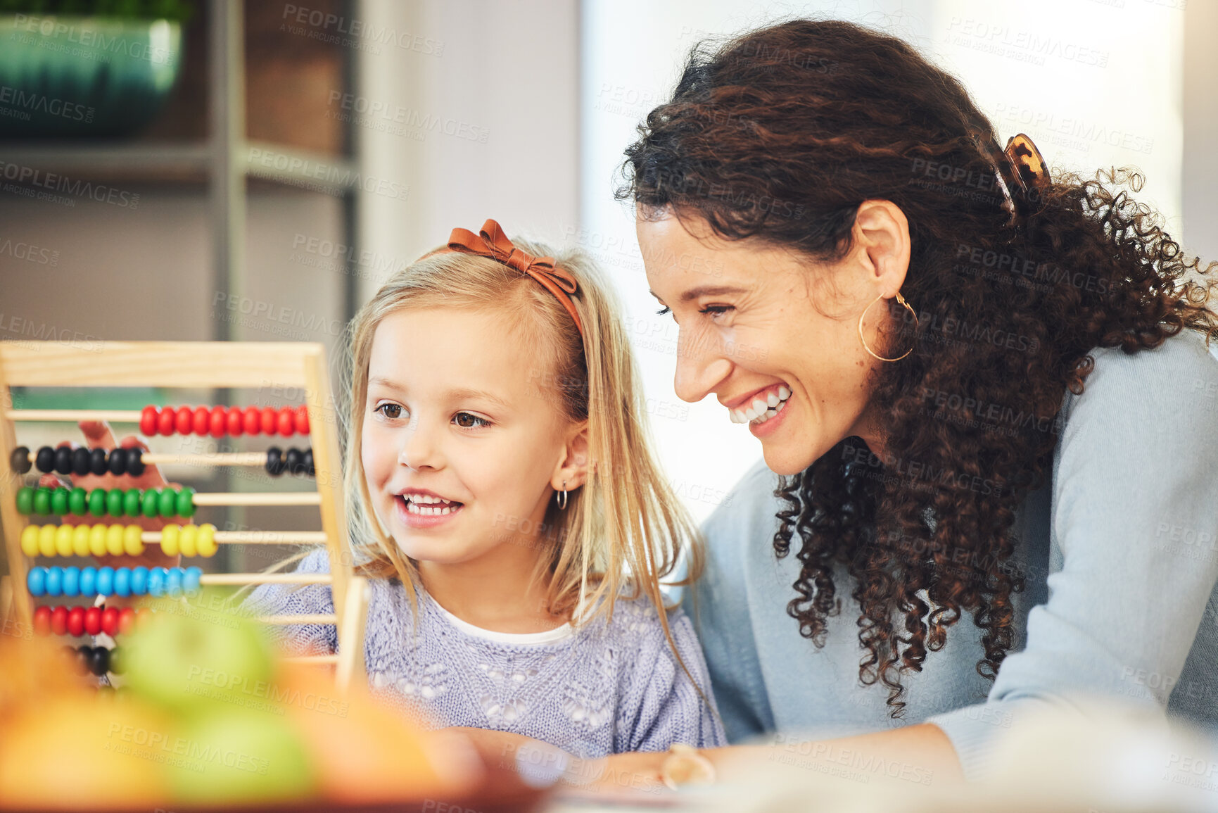 Buy stock photo Education, abacus and mother and girl in home for lesson, homework and study for school. Child development, family and happy mom and kid with educational toys for learning math, play and fun activity