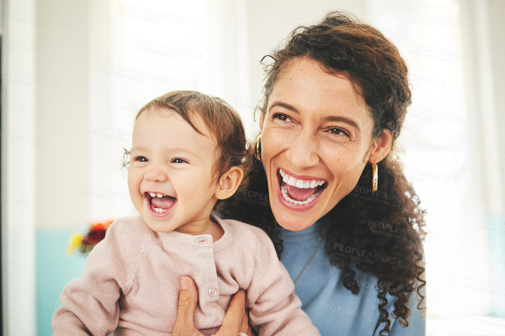 Buy stock photo Mother, laughing baby and a happiness in a family home while together for love, support and care. Woman or mom and girl child laugh for funny or comic joke for quality time, bonding and to relax