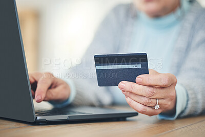 Buy stock photo Laptop, credit card and hands typing for online shopping, digital banking or payment in home. Computer, ecommerce and woman on internet for sales, finance or fintech purchase, savings or investment.