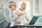 Laptop, stress and investment with a senior couple feeling anxiety about their pension or retirement fund. Computer, finance and accounting with old people problem solving their savings or budget