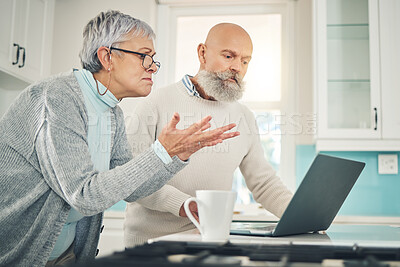 Buy stock photo Laptop, stress and investment with a senior couple feeling anxiety about their pension or retirement fund. Computer, finance and accounting with old people problem solving their savings or budget