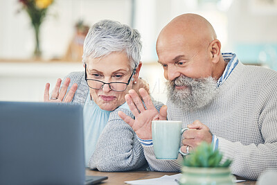 Buy stock photo Laptop, elderly couple and wave on video call with coffee in home, talking and speaking in house. Computer, retirement and man and woman waving to say hello in virtual chat, online greeting and happy