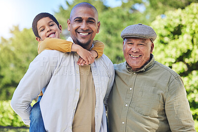 Buy stock photo Father, son and grandfather with generations in park portrait with piggy back, happiness or love on vacation. Men, boy child and hug with bond, excited family or outdoor in summer sunshine on holiday