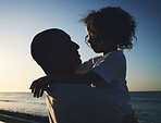 Silhouette, father and girl hug, beach and bonding with summer holiday, loving and quality time. Family, dad and daughter embrace, seaside vacation and getaway trip with happiness, break and loving