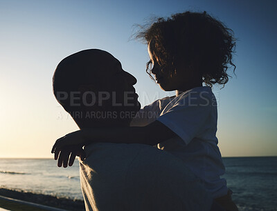 Buy stock photo Silhouette, father and girl hug, beach and bonding with summer holiday, loving and quality time. Family, dad and daughter embrace, seaside vacation and getaway trip with happiness, break and loving
