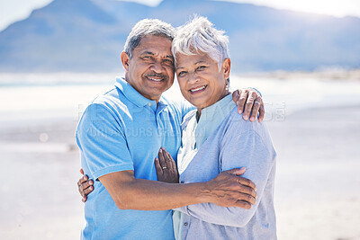 Buy stock photo Senior couple, hug and beach love portrait outdoor with romance in nature. Ocean, elderly and old woman and man smile together on summer holiday by the sea feeling happiness and relax on vacation