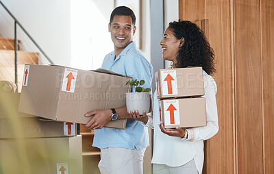 Buy stock photo Funny, new home or couple moving boxes in real estate property investment or rental apartment together. Success goals, happy people or woman laughing with an excited man carrying or lifting boxes 