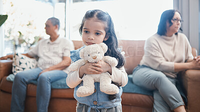 Buy stock photo Divorce, mother and father with a sad girl, teddy bear and separation at home, living room and ignore. Parents, mama and dad with daughter, female child with a toy and family with issues and problems