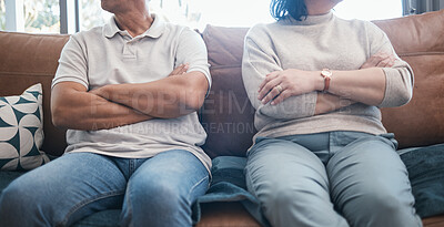 Buy stock photo Angry couple, fight and arms crossed with divorce, marriage and break up problem in living room. Home, sofa and woman and man together with conflict and anger from frustration in a relationship