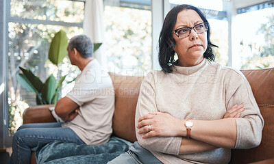 Buy stock photo Angry woman, mature couple and fight with arms crossed and divorce with break up problem in living room. Home, sofa and female person and man together with conflict and anger in a relationship