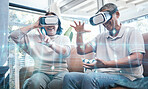 Senior couple, vr and sofa in home living room with holographic overlay, metaverse and 3d game with smile. Man, woman and augmented reality with happiness, learning and futuristic hologram in lounge