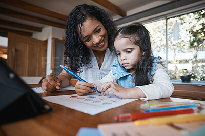 Buy stock photo Study, home school and a mother teaching her daughter about math in the home living room. Education, homework and child development with a student girl learning from her female parent in a house