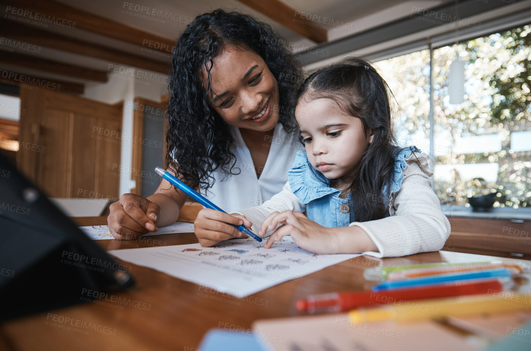 Buy stock photo Study, home school and a mother teaching her daughter about math in the home living room. Education, homework and child development with a student girl learning from her female parent in a house