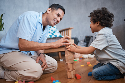 Buy stock photo Education, building blocks or happy father with kid on floor for home playing, educational games and learning. Child development, family or dad and young boy together for fun lesson, bonding and love
