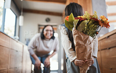 Buy stock photo Surprise flowers, mothers day and a mother and child for a gift, birthday or gratitude for care. Love, smile and a girl kid hiding floral bouquet from mom for celebration, special event or happiness