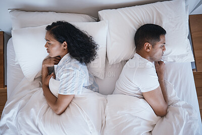 Buy stock photo Divorce, stress and angry couple in bed from above after fight, argue or relationship trouble. Depression, infertility and insomnia by woman and man ignoring marriage crisis, fail or snoring issue