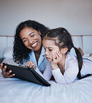 Tablet, mother and girl relax on bed in home bedroom, social media or online browsing. Technology, happiness and mom and child with touchscreen for learning, streaming film or video together in house