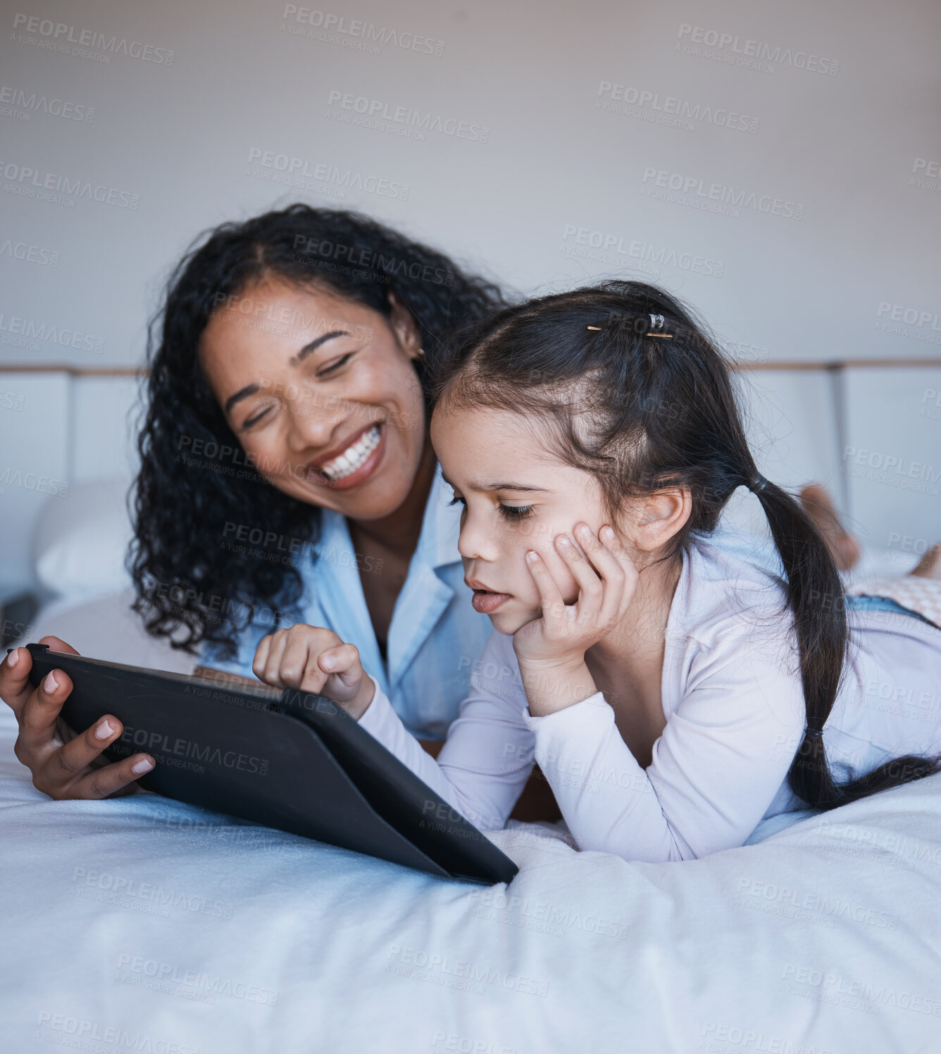 Buy stock photo Tablet, mother and girl relax on bed in home bedroom, social media or online browsing. Technology, happiness and mom and child with touchscreen for learning, streaming film or video together in house