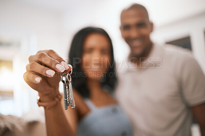 Buy stock photo Happy couple, hands and keys for real estate purchase, property or homeowner with mortgage loan or finance. Hand of woman and man realtor holding key to house, moving or sale for new home investment