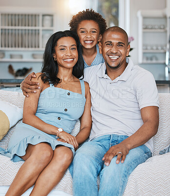 Buy stock photo Happy, black family and portrait of parents with son on sofa for bonding, quality time and relaxing at home. Love, living room and mother, father and child on couch with smile, hugging and happiness