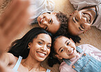 Family, selfie portrait and top view smile, bonding or having fun together. Parents, happiness above and children relaxing or lying on carpet floor with profile picture, face or enjoying time in home