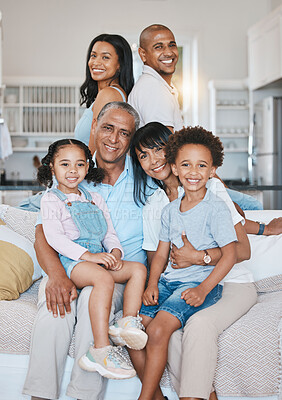 Buy stock photo Big family, portrait and happy in home on sofa in living room, bonding or relaxing. Grandparents, parents and smile of children on couch, care and enjoying quality time together in lounge in house.