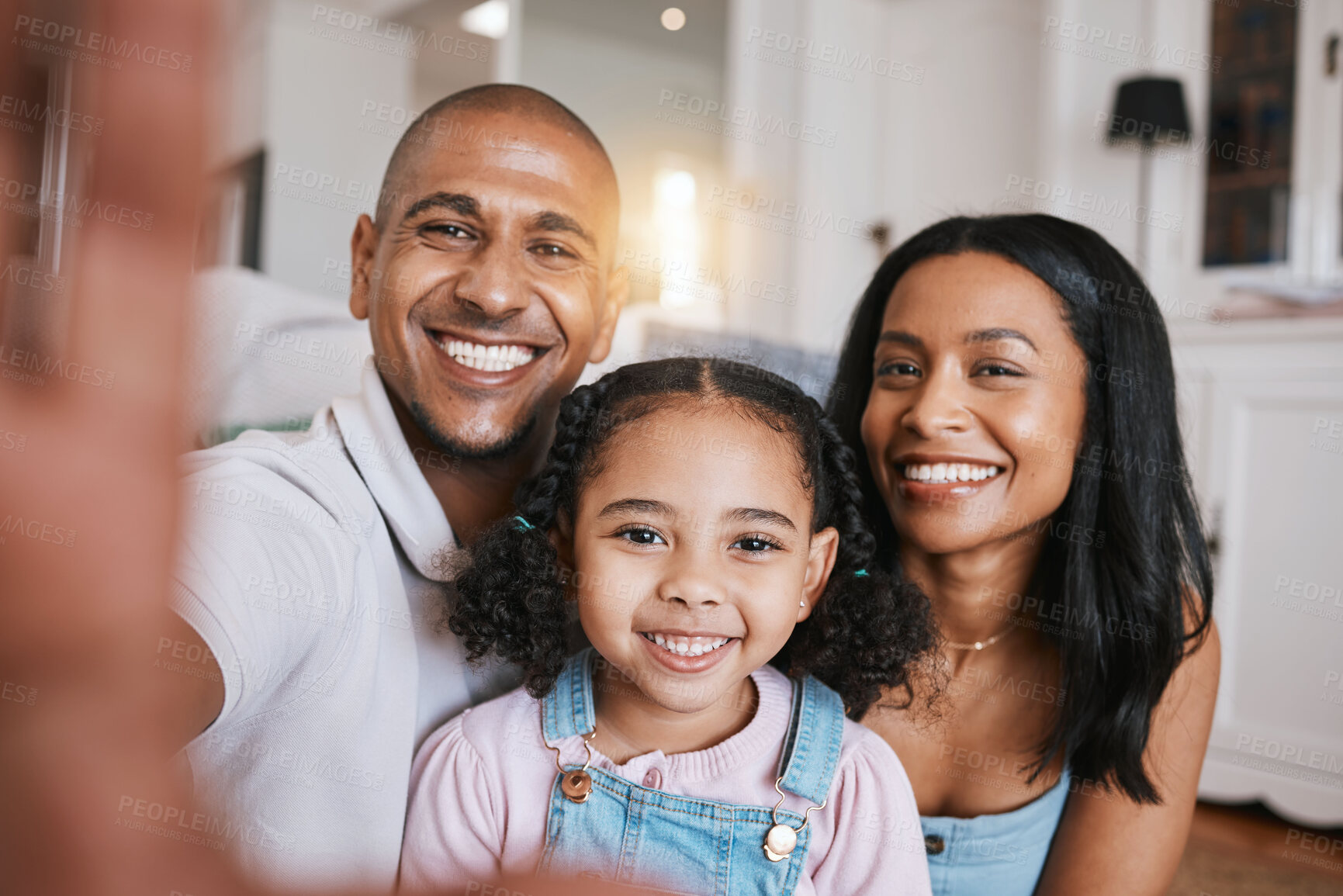 Buy stock photo Portrait, family and selfie smile in home living room, bonding and having fun. Photo, happiness and child with parents, care and taking face pictures for happy memory, social media or profile picture