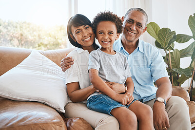 Buy stock photo Portrait, grandparents and kid smile in home living room on sofa, bonding or having fun. Family, happiness or child with grandma and grandpa, care or enjoying quality time together on couch in lounge