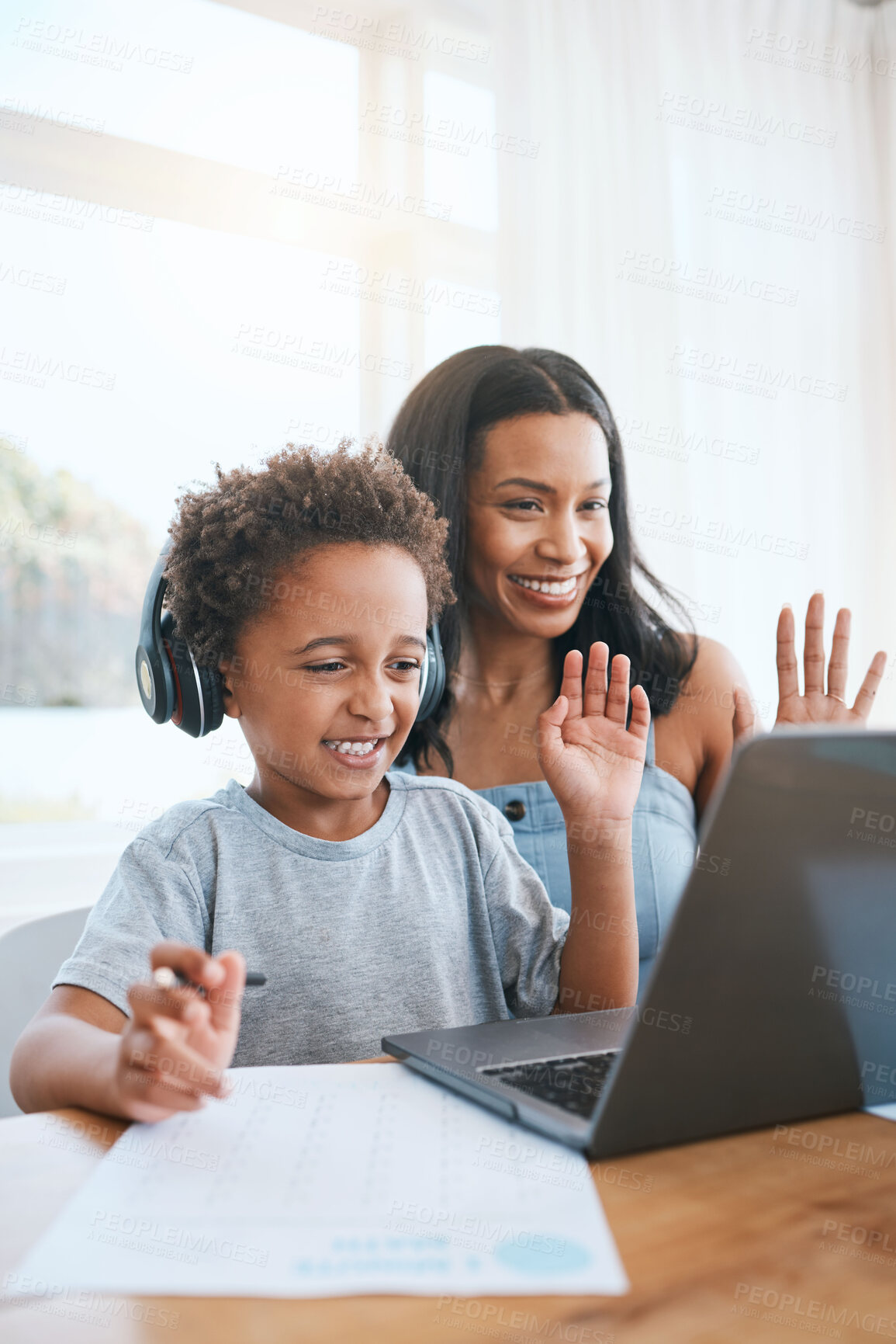 Buy stock photo Laptop, video call and mother with child learning, online education and school help or support in virtual class. African family and child wave hello on computer, happy for writing or teaching at home