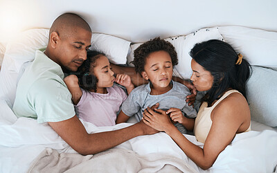 Buy stock photo Family, sleeping and relax in bed above for free time, weekend or holiday morning at home. Top view of tired or exhausted mother, father and children or kids relaxing or asleep together in bedroom