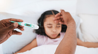 Buy stock photo Parent, hands and thermometer with sick kid checking fever or temperature for flu or cold on bed at home. Hand of adult monitoring child for illness, healthcare or virus in love, care or support