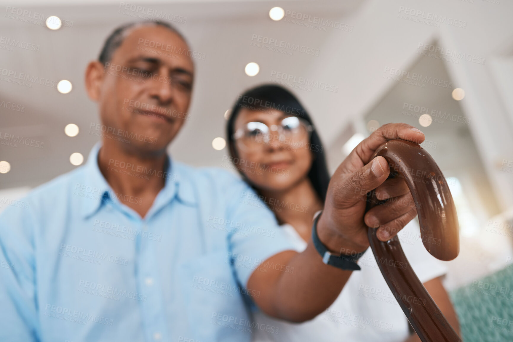 Buy stock photo Love, retirement and senior couple with a cane, bonding and happiness for relationship, care and marriage. Partners, elderly man and mature woman with walking stick, commitment and romance