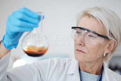 Buy stock photo Woman, chemical test and science research or medical analysis in a laboratory for investigation or study. Face of a scientist person with liquid, goggles and flask for future medicine or innovation