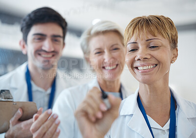 Buy stock photo Doctor, happy team and writing healthcare strategy for schedule planning or brainstorming together at hospital. Group of doctors smile in meeting, collaboration or teamwork for medical tasks or plan