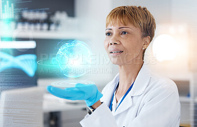 Buy stock photo World, hologram and research with woman or medical doctor analyzing digital or futuristic report on human dna strand in science. Innovation, scientist and expert gene structure on genetic engineering
