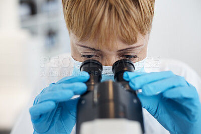 Buy stock photo Woman, science microscope and medical analysis in a laboratory for investigation or research. Scientist person in a lab with a face mask for future medicine, biotechnology innovation or development