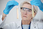 Senior woman, scientist and DNA samples or chemicals for experiment or testing with gloves in laboratory. Mature female in science discovery or research with test tubes for chemistry results in lab