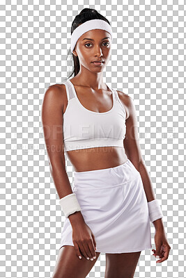 Fit, athlete or female tennis player or serious sportswoman ready for competition or a match. Portrait of an African American athletic female in sportswear against a isolated on a png background