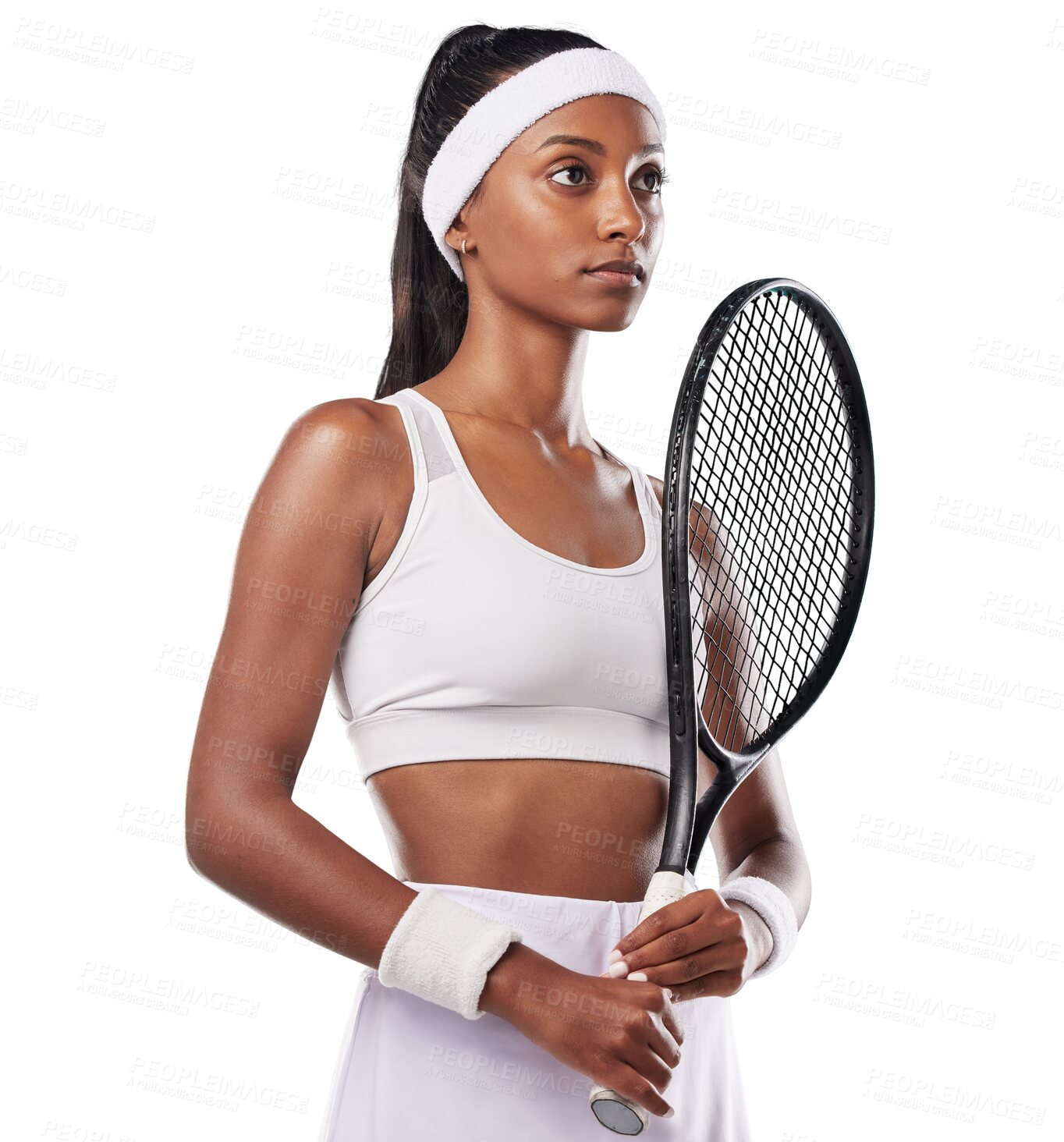 Buy stock photo Tennis, player and serious woman with sports racket isolated on a transparent png background. Focused young athlete, indian female and uniform with bat for contest, fitness or thinking of competition