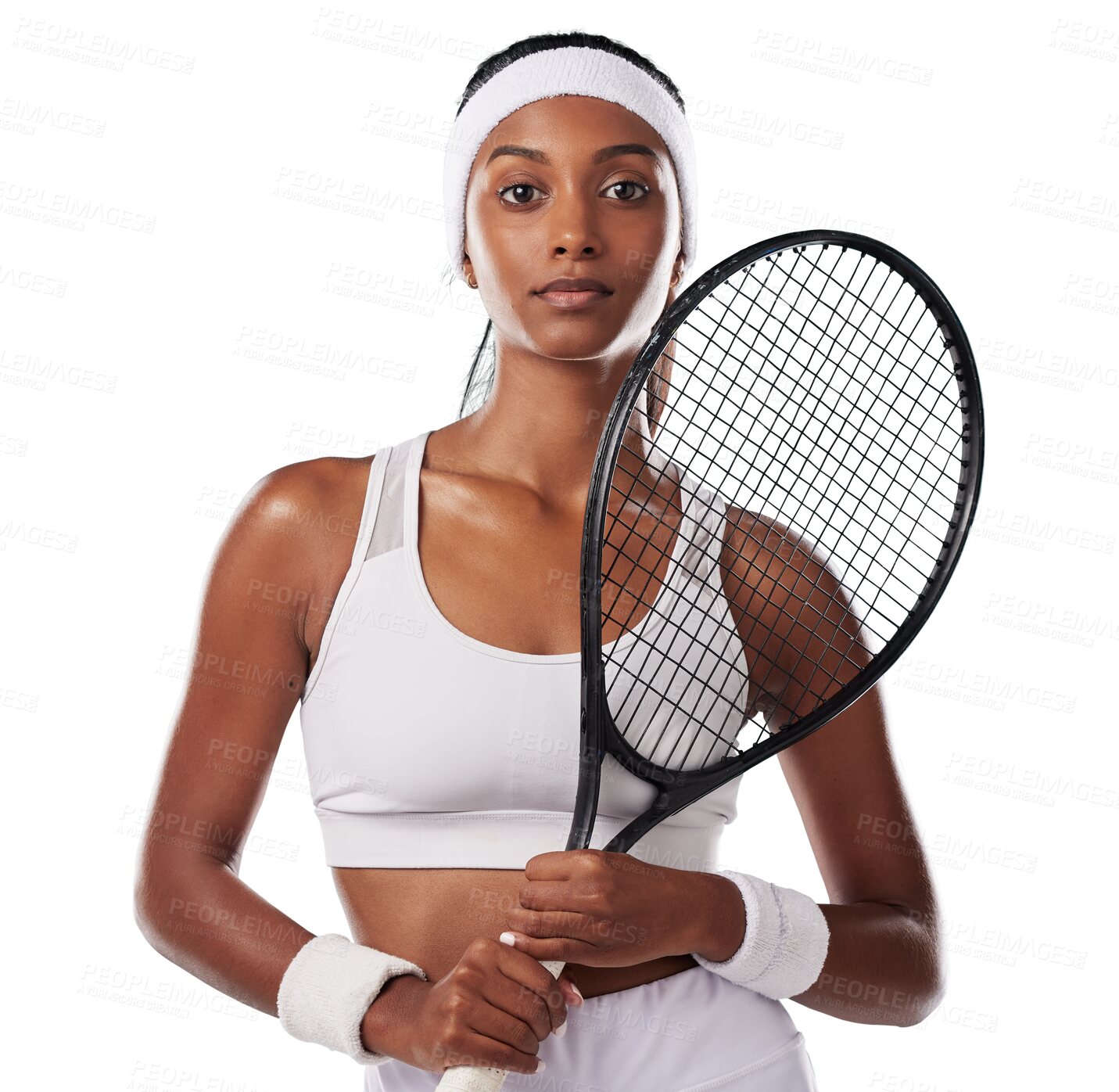 Buy stock photo Portrait, fitness and sports with a woman tennis player isolated on a PNG background for health or sports. Exercise, focus and transparent with a female indian athlete looking ready for a game