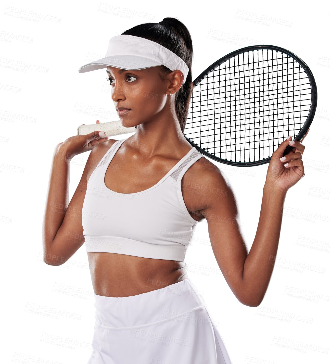 Buy stock photo Tennis player, serious and woman with sports racket isolated on a transparent png background. Focused young athlete, indian female and thinking with bat about contest, competition goals and training