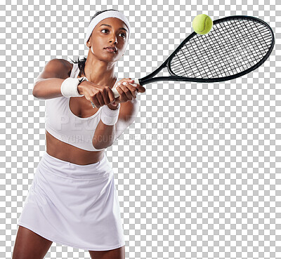 Buy stock photo Tennis, woman and hit ball with racket isolated on a transparent png background. Serious young athlete, indian female and action with bat in contest, sports competition and fitness energy in training