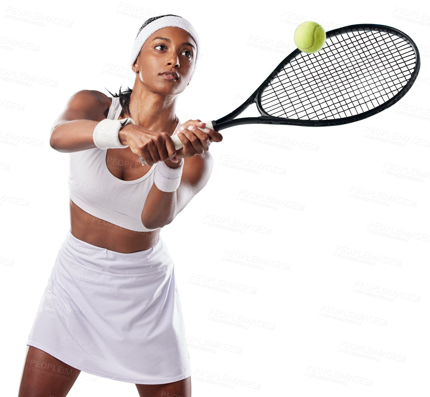 Buy stock photo Tennis, woman and hit ball with racket isolated on a transparent png background. Serious young athlete, indian female and action with bat in contest, sports competition and fitness energy in training